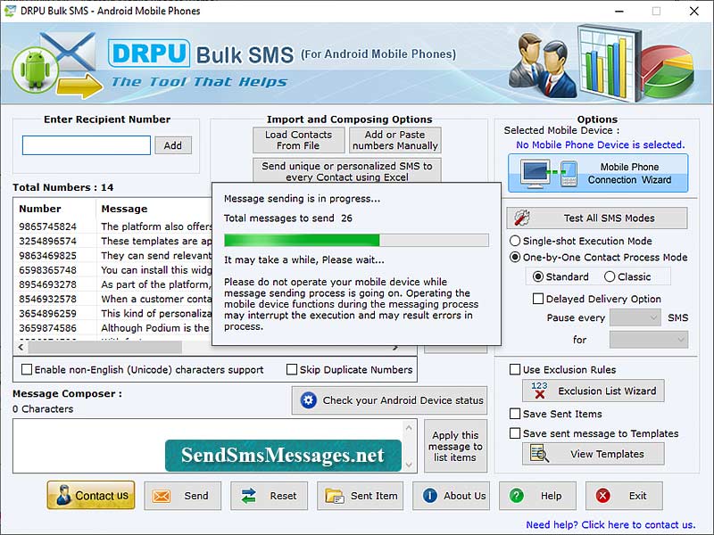 Screenshot of Bulk SMS Android Messaging Software