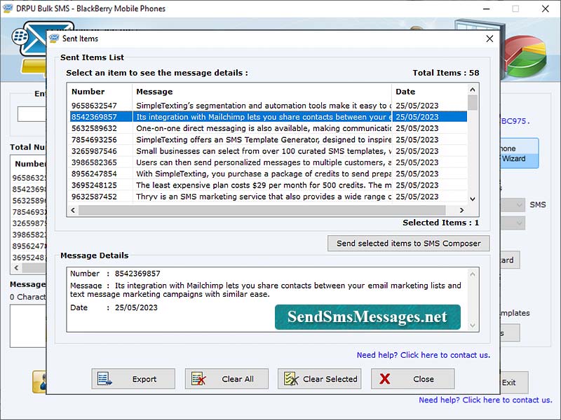 Screenshot of Bulk SMS Software for BlackBerry