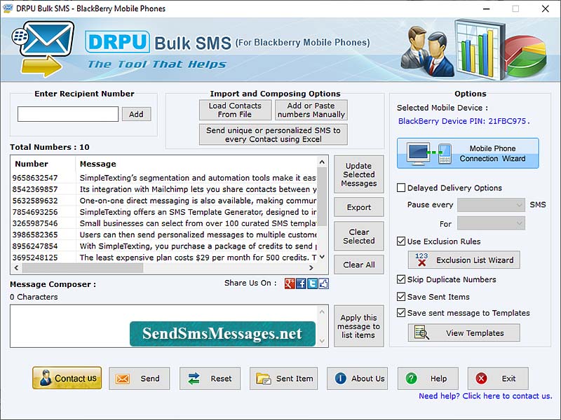 Screenshot of Blackberry Bulk Messages Sender 8.9.1.0