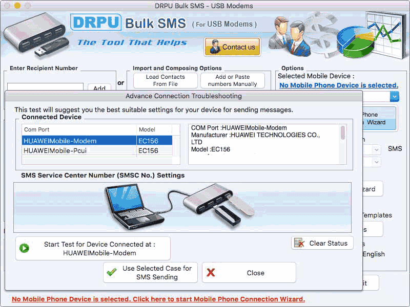 Screenshot of Apple USB Modem Bulk SMS Messaging App