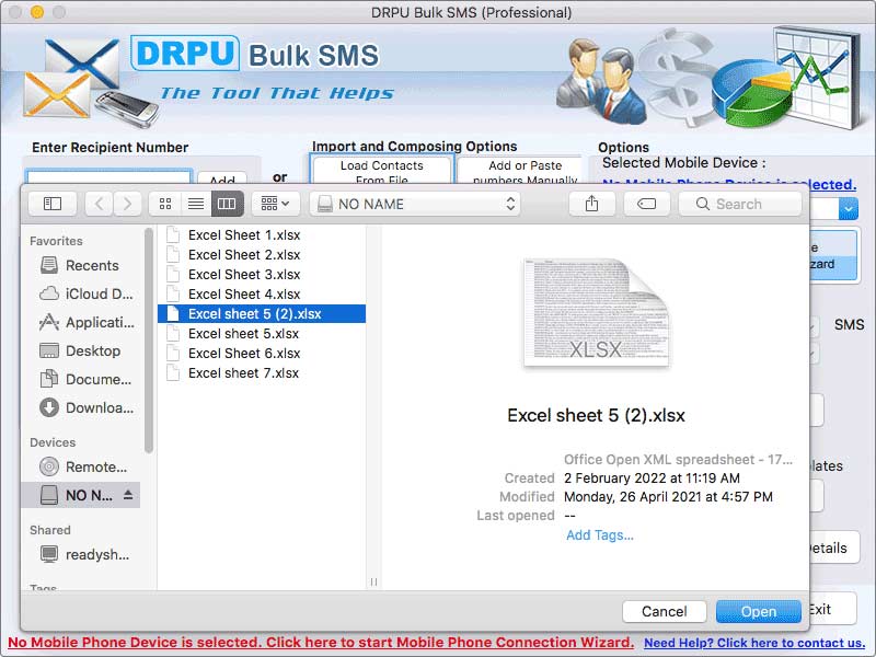 Screenshot of Apple Mac Mass SMS Delivery Application